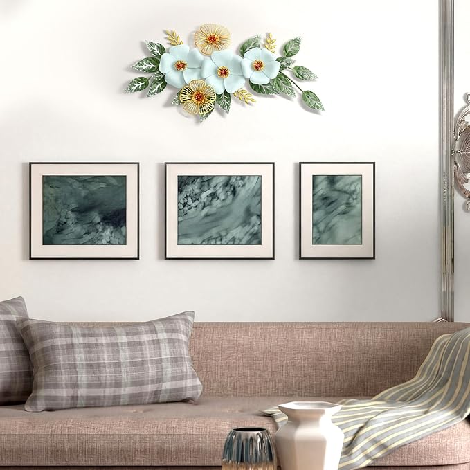 Otoolling 13.7'' Metal Flower Wall Decor, 3D Light Blue & Gold Floral Sculpture with Green Leaves, Hanging Wall Art Accent for Living Room, Bedroom, Bathroom, Home Indoor Outdoor Decoration
