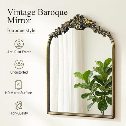 Antique Baroque Vintage Vanity Mirror 22x15Inch, Gold with Ornate Antique Frame, Arched Vintage Wall Mirror for Living Room, Fireplace, Entryway