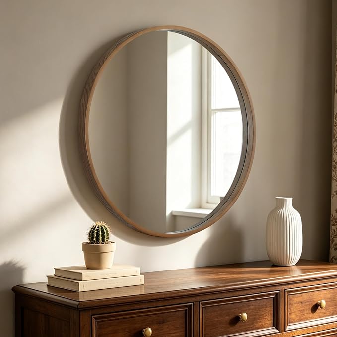 HOMECOOKIN Round Wood Mirror 32 inch Circle Mirror, Rustic Farmhouse Wooden Framed Decorative Wall Decor, Vanity Wall Mirror for Bathroom, Bedroom, Entryway, Living Room (Walnut)