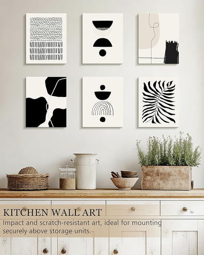 KUVIOKE Black Abstract Framed Wall Art Boho Room Decor Set of 6 Minimalist Geometric Line Art Bohemian Mid Century Modern Prints for Bedroom Living Room 8x10in (Framed)
