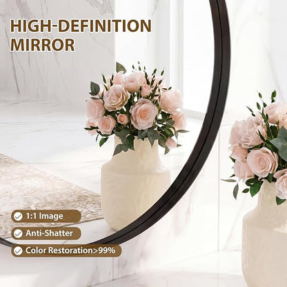 NEWBULIG 28-Inch Round Wall Mirror, Bathroom Wall Circle Mirror with Metal Frame, Bathroom Decor for Entryway, Living Room, Vanity, Black