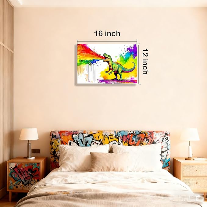 12x16 Graffiti T-Rex Dinosaur Spitting Rainbow Frie Wall Art Colorful Abstract Pop Canvas Prints Kids Room Decor Teen Boys Bedroom Rainbow Framed Wall Pictures Posters Funny Bathroom Animal Pictures