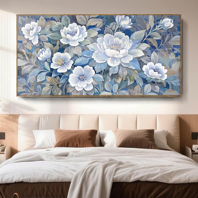 Large Framed Blue Gray And White Plant Wall Art For Living Room, Natural Plant Canvas Print Paintings Artwork For Walls, Elegant Floral Pictures For Bedroom Kitchen And Lounge Wall Decor58X29 In