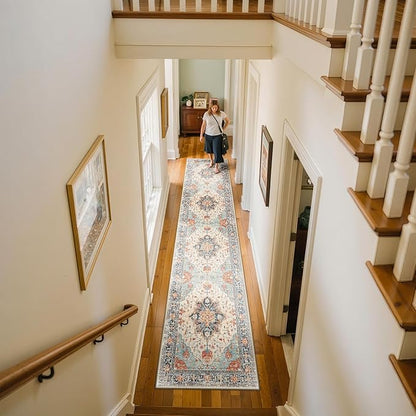 RELEANY Area Rugs 2'x10' Runner Rug Non Slip Washable for Kitchen Hallway Bedroom Beside Laundry Room Bathroom Rug, Floor Carpet, Beige Navy Blue Orange Colorful