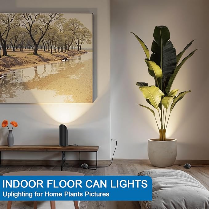 2 Pack Up Lights Indoor, 6W 3000K Warm White Uplighting Indoor Floor Can Light with GU10 Bulb, Indoor Floor Spotlight for Plants, Wall & Artwork, Plug Cord & Foot Switch, Black