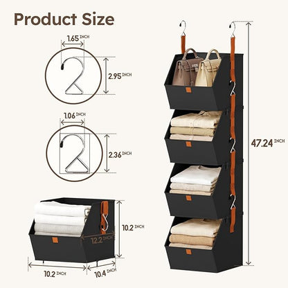 Homsorout Hanging Closet Organizer 4 Tier - Clothes Hanging Shelves, Space-Saving Closet System, Fabric Storage Bins Bedroom Organization, Collapsible Baskets for Home, Dorm, Rv, Black, 8 Pack