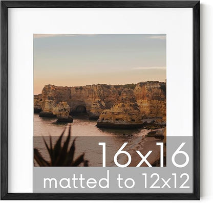 HAUS AND HUES 16x16 Black Metal Picture Frame Matted to 12x12 - Features Premium Aluminum & Hanging Hardware, Shatterproof Plexiglass - Ideal for Home, Room, Office (16x16 in, Black, Set of 1)