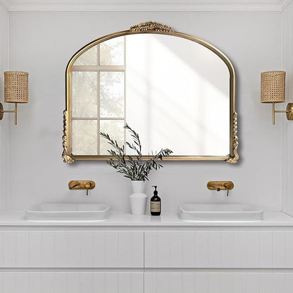 OUSHUAI Gold Vintage Wall Mirror,Antique Wide Mirror Decor,Arched Big Mirror for Entryway/Bathroom/Fireplace 37"X29"