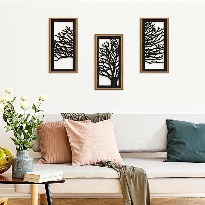 Celestdeco 3 Pcs Black Tree Wall Decor Boho Modern Nature Artwork Tree of Life Wood Wall Art Branch Silhouette Laser Art Decor for Living Room Bedroom Office 7.9 x15.8 Inch
