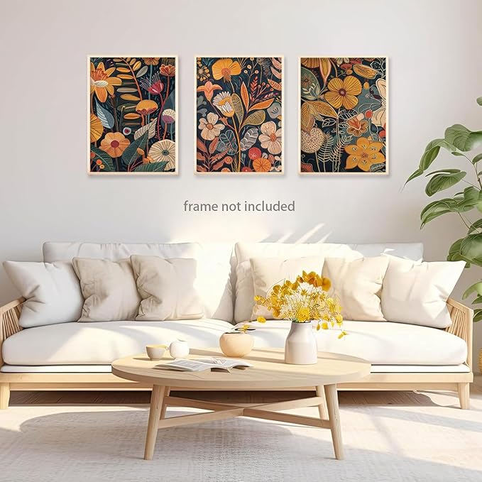 TBKHUDBI Burnt Orange Floral Canvas Wall Art,Mid Century Modern Wall Decor,Boho Terracotta Flower Picture Prints Poster Painting Artwork Set Of 3 For Living Room Bedroom Office 12x16 Unframed