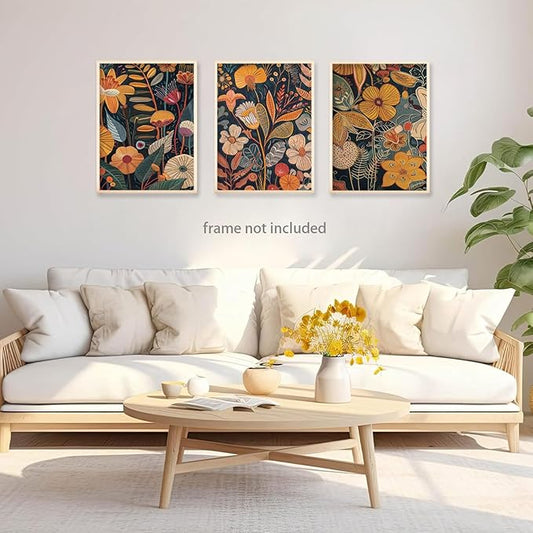 TBKHUDBI Burnt Orange Floral Canvas Wall Art,Mid Century Modern Wall Decor,Boho Terracotta Flower Picture Prints Poster Painting Artwork Set Of 3 For Living Room Bedroom Office 12x16 Unframed