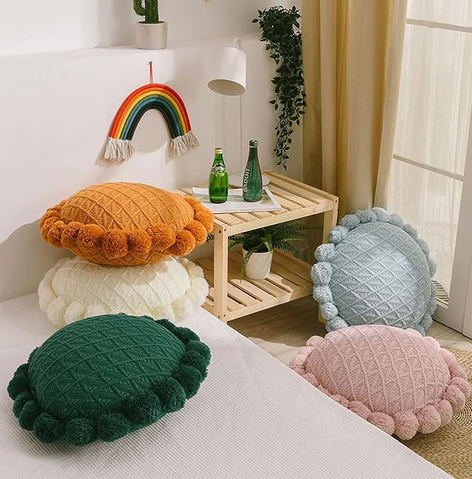 IXITON Round Creative Knitting Pompoms Pillow Sunflower Pillow Decorative Cushion Throw Pillow with Insert Plush Pillow for Couch Sofa Bed, 20 Inch (Brown)