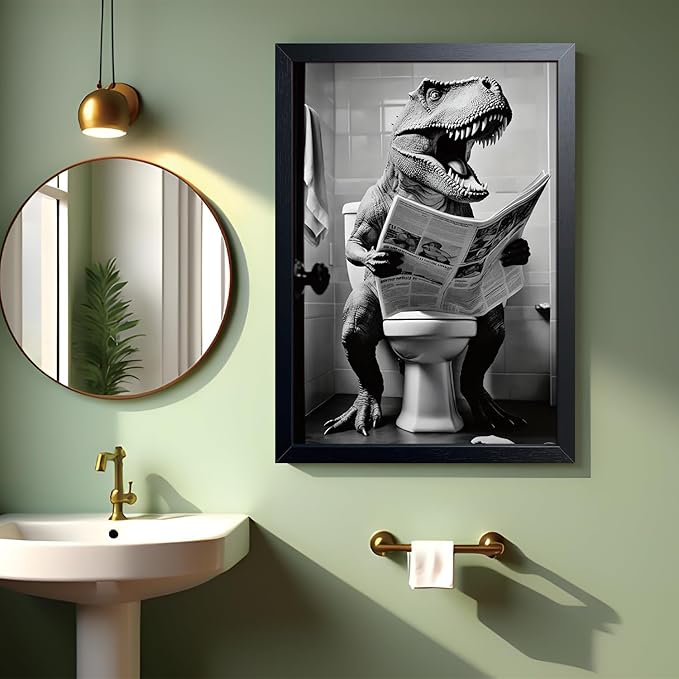 ARKZSHO Funny Dinosaur Bathroom Wall Art, Black and White T-Rex Reading Newspaper Canvas Print Poster, Humorous Animal Toilet Artwork, Modern Farmhouse Restroom Home Wall Decor (Framed 24''x16'')