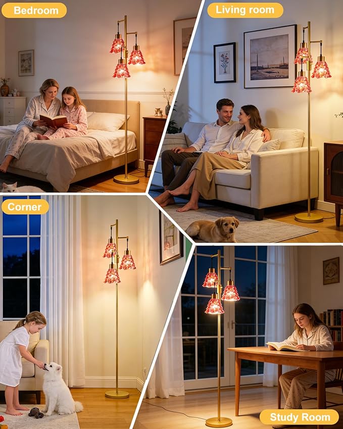 3-Light Modern Glass Floor Lamp, Gold Standing Tall Lamp with Deep Red Pinecone Glass Shade, Dimmable LED Floor Lamp with 5Lbs Heavy Base for Living Room Bedroom Home Decor, Bulb Included
