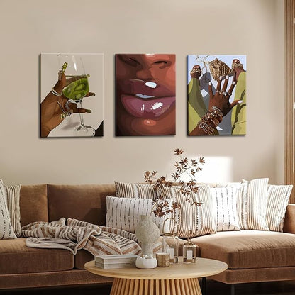 Black Girl Wall Art Framed Set of 3 - African Woman Canvas Home Decor American Woman Wall Decor Black Female Print Pictures Fashion Abstract Poster for Home Bedroom Bathroom 16×24 Inch