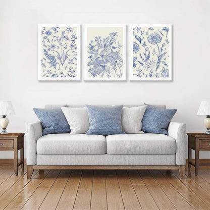LYPHNX Framed Blue White Chinoiserie Floral Canvas Wall Art Navy Watercolor Flower Painting Posters Set of 3 Minimalist Botanical Wildflower Prints Picture Home Decor for Bedroom Living room 12"x16"