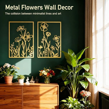 Sokurdeg Gold Metal Flowers Wall Decor, Minimalist Floral Metal Wall Hanging Art for Bedroom Bathroom Living Room (4 Pcs, 15.7 x 22.5 in)