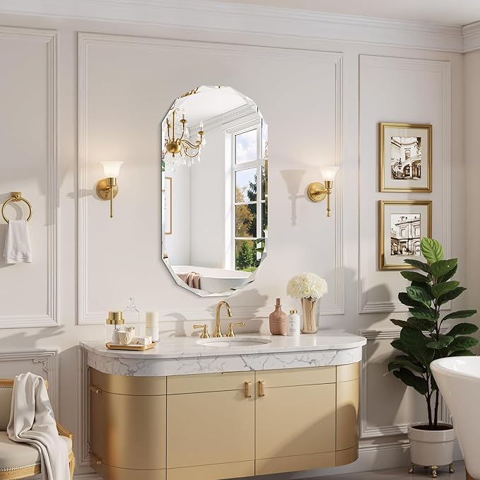 GLASHOM Frameless Bathroom Mirror, 20" x 40" Beveled Oval Wall Mirror for Over Sink, 20 Inch Modern Decorative Vanity Mirror for Bedroom, Living Room, Entryway, Hanging Mirror Horizontal or Vertical
