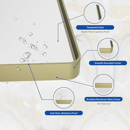 WEER Gold Bathroom Mirror, 55X36 Inch Brushed Gold Metal Frame Mirror, Rounded Rectangle Gold Bathroom Vanity Mirror for Wall, Tempered Glass, Anti-Rust, Hangs Horizontally or Vertically