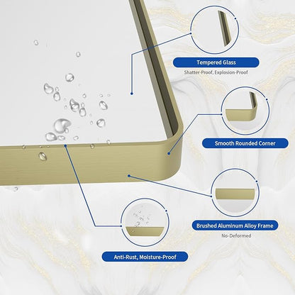 WEER Gold Bathroom Mirror, 72X36 Inch Brushed Gold Metal Frame Mirror, Rounded Rectangle Gold Bathroom Vanity Mirror for Wall, Tempered Glass, Anti-Rust, Hangs Horizontally or Vertically