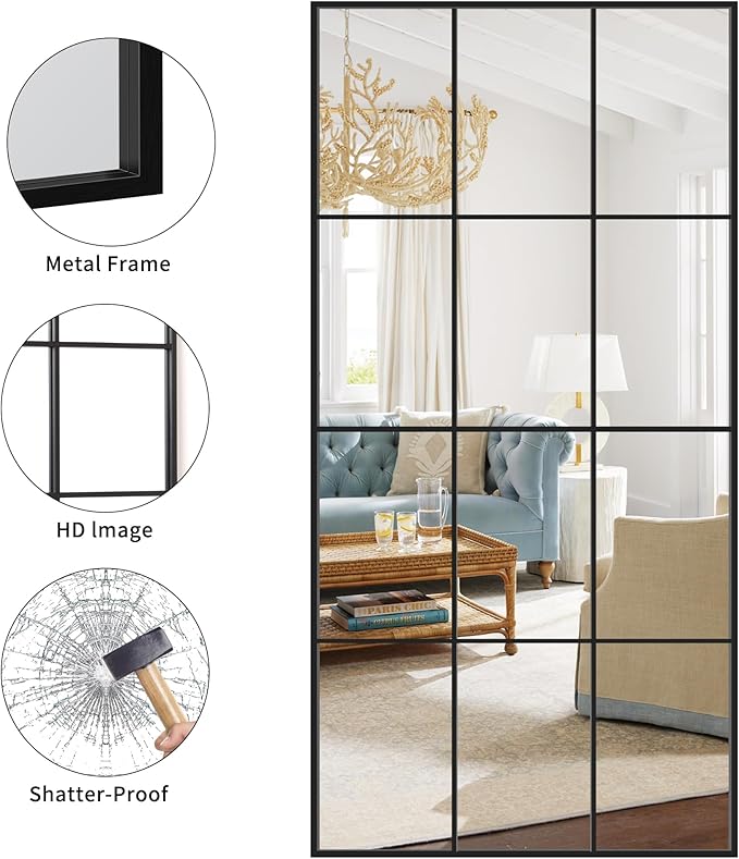 Rectangle Mirror, Wall Mounted, 30"x60" Window Pane Mirror Wall Decor Metal Framed, Large Black Mirror for Bedroom Living Room Fireplace Entryway Hanging or Leaning Against Wall