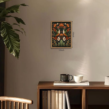 Framed Mexican Hummingbird Wall Art, Vintage Birds Animal Canvas Wall Decor Painting, Colorful Floral Cactus Botanical Poster Print Picture for Living Room Bedroom Bathroom 12x16 Inch