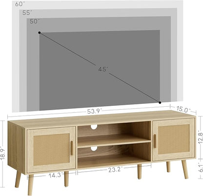 TV Stand for 55-65inch TV, Rattan Entertainment Center with Soft Hinge Door,TV Console Table with 2 Cabinets with Gold Handle and Feet,for Living Room, Bedroom, Natural