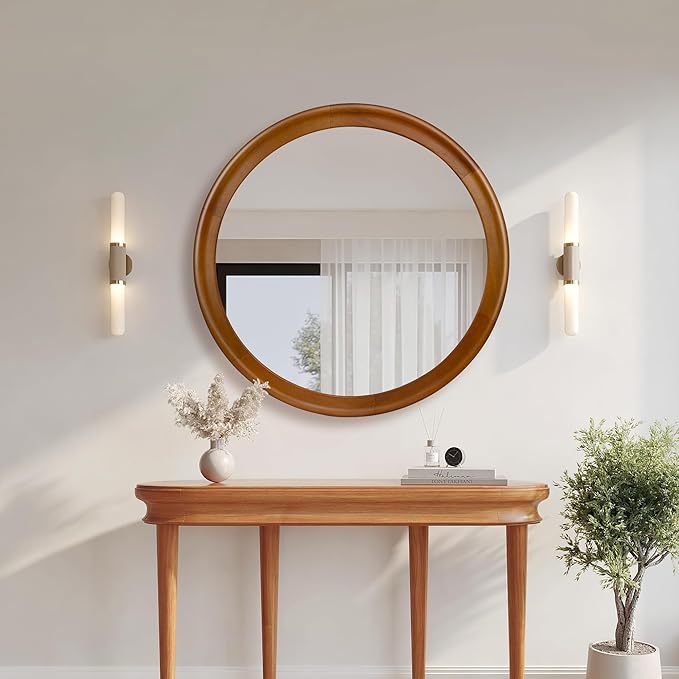 Round Wood Mirror for Wall,36 Inch Circle Decorative Mirror with Walnut Frame,Rustic Bathroom Hanging Vanity Mirror for Entryway,Bedroom or Living Room