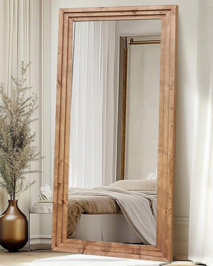 Full Length Mirror 76"x34" Solid Wood Frame Floor Large Mirror for Living Room, Bedroom Hanging or Leaning Wall-Mounted, Light Brown