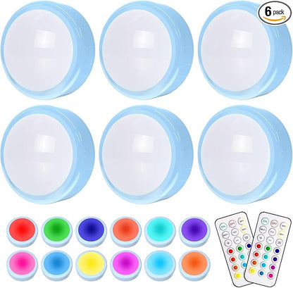 HELPLEX LED Puck Lights with Remote, 6 Pack Color Changing RGBW Stick-On Light, Battery Powered, Dimmable Under Cabinet Lighting with Timer & Memory, Wireless Push Lights for Kitchen & Closet, Blue