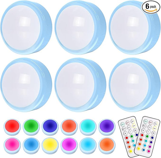 HELPLEX LED Puck Lights with Remote, 6 Pack Color Changing RGBW Stick-On Light, Battery Powered, Dimmable Under Cabinet Lighting with Timer & Memory, Wireless Push Lights for Kitchen & Closet, Blue