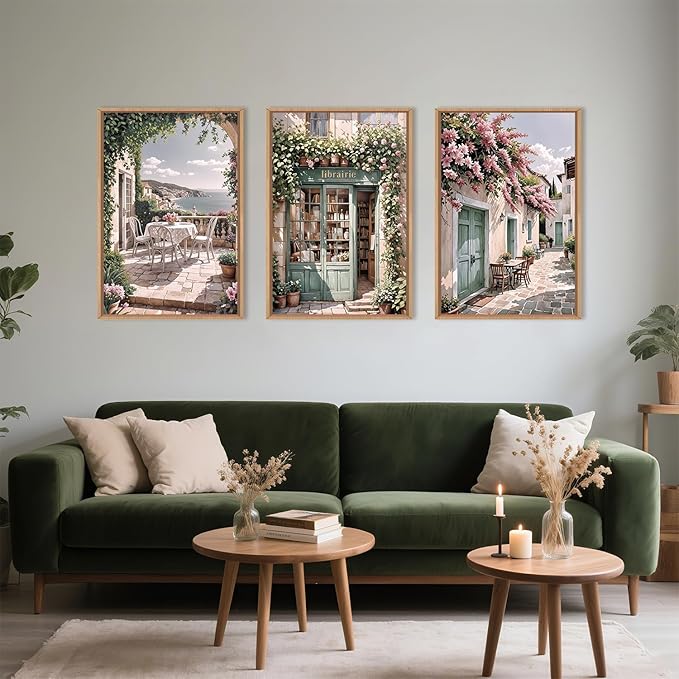 Modern French Flower Street Framed Canvas Wall Art Set,Romantic Green Landscape Wall Decor,Vintage Mediterranean Bookstore Neutral Coast Cityscape Artwork for Living Room, Bedroom-16 x24 x3