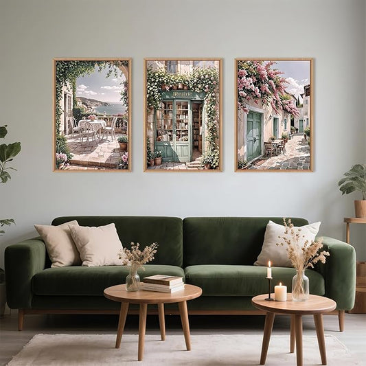 Modern French Flower Street Framed Canvas Wall Art Set,Romantic Green Landscape Wall Decor,Vintage Mediterranean Bookstore Neutral Coast Cityscape Artwork for Living Room, Bedroom-16 x24 x3