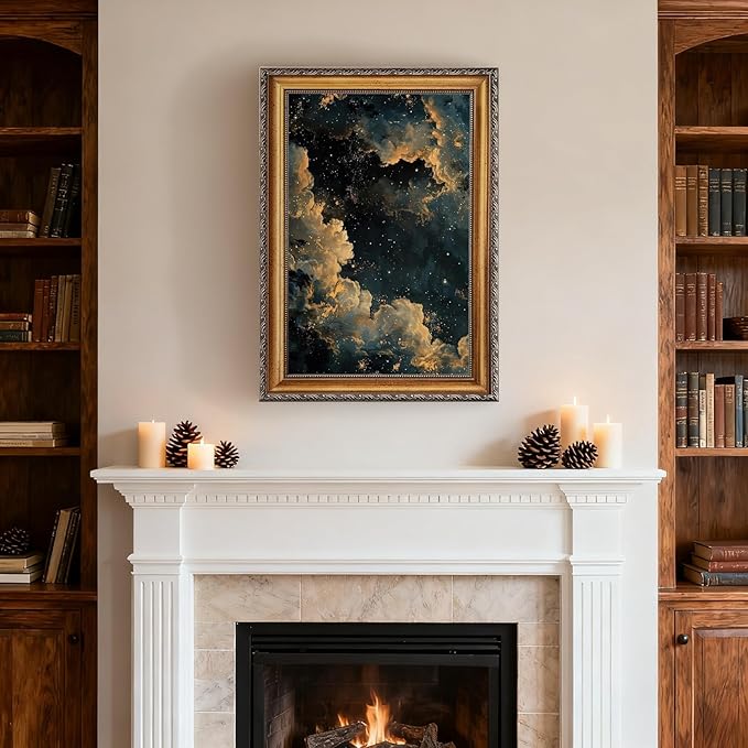 Balsuka Moody Celestial Wall Art Dark Academia Decor Maximalist Gothic Sky Poster Abstract Cloudy Night Aesthetic Canvas Print Vintage Astronomy Painting for Bedroom Library 24x36inch Vintage Framed
