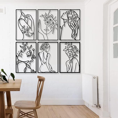Cindeer 6 Pcs Black Metal Wall Art Bedroom Abstract Wall Art Woman Silhouette Line Decor Minimalist Abstract Woman Line Drawing Modern Living Room Pictures Decor for Bathroom Salon Silhouette