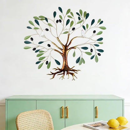 Fangoo Metal Green Olive Tree Metal Wall Art Tree of Life Home Decor with Dove of Peace 22 x 26 Large Olive Branches Lifelike Fruits Wall Hanging for Living Bedroom Garden Porch Office Wall Decor