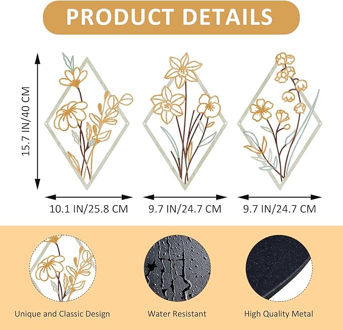 ShxTrade 3 Pcs Metal Flowers Wall Arts, Rustic Farmhouse Decor Minimalist Flower Wall Decors Natural Themed Home Decorations for Bathroom Kitchen Living Room Bedroom (Yellow)