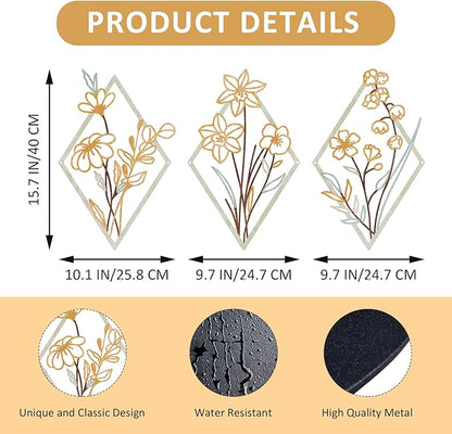 ShxTrade 3 Pcs Metal Flowers Wall Arts, Rustic Farmhouse Decor Minimalist Flower Wall Decors Natural Themed Home Decorations for Bathroom Kitchen Living Room Bedroom (Yellow)