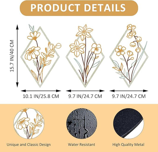 ShxTrade 3 Pcs Metal Flowers Wall Arts, Rustic Farmhouse Decor Minimalist Flower Wall Decors Natural Themed Home Decorations for Bathroom Kitchen Living Room Bedroom (Yellow)