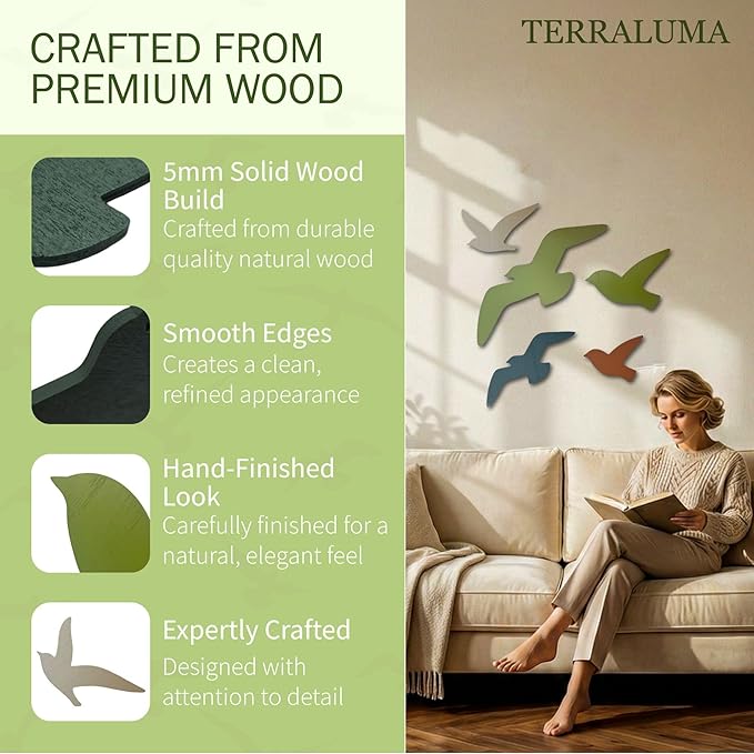 TERRALUMA 5-Piece Bird Wall Decor Set, Double-Sided Painted Wooden Wall Art, Birds in Flight for Coastal & Modern Home Decor