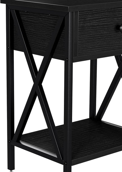 VECELO Nightstand,Modern Bedside End Table, Night Stand with Drawer and Storage Shelf for Living Room Bedroom, Industrial Metal Frame
