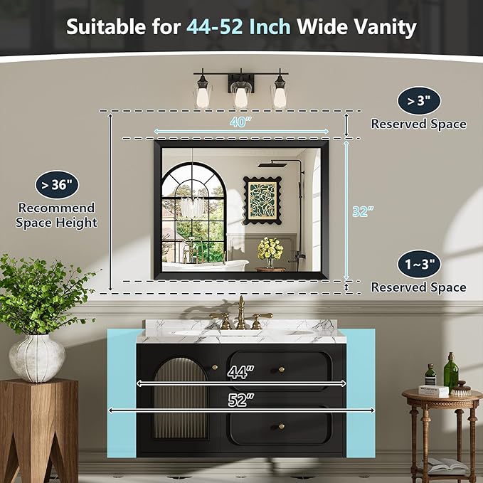 40x32 Inch Black Bathroom Mirror for Wall, Beveled Framed Rectangle Bathroom Vanity Mirrors for Over Sink, Bedroom, Living Room, Entryway, Anti-Rust, HD Tempered Glass, Horizontally/Vertically