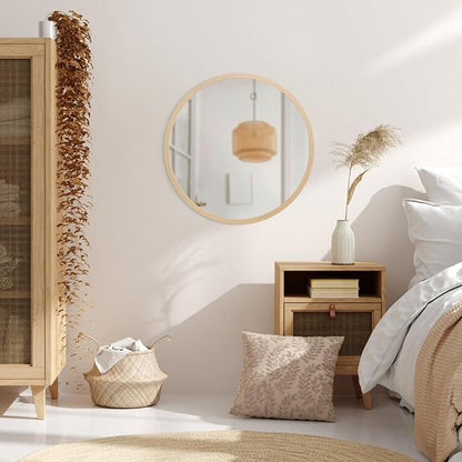 JJUUYOU Large Round Mirrors for Wall Circular Mirror for Bathroom 24 Inc Wood Framed Round Mirror for Bathroom Make up Mirror for Living Room Wall Mounted Bedroom Dorm