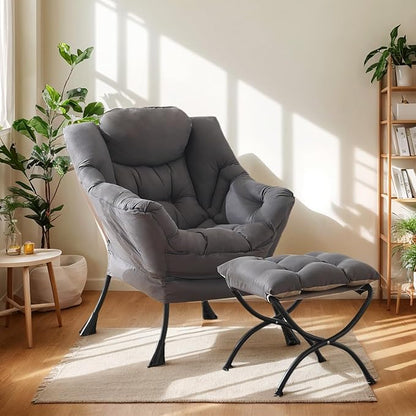 Lazy Chair with Ottoman, Large Dark Grey Accent Chair with Ottoman, Comfy Reading Armchair, Leisure Sofa Chair for Living Room, Bedroom, Dorm Room, Office