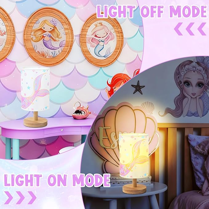 Mermaid Table Lamp for Kids Bedroom - Mermaid Tail Pastel Kids Bedside Lamp with Linen Wooden Nightstand Nursery Lampshade for Girls Room Decor