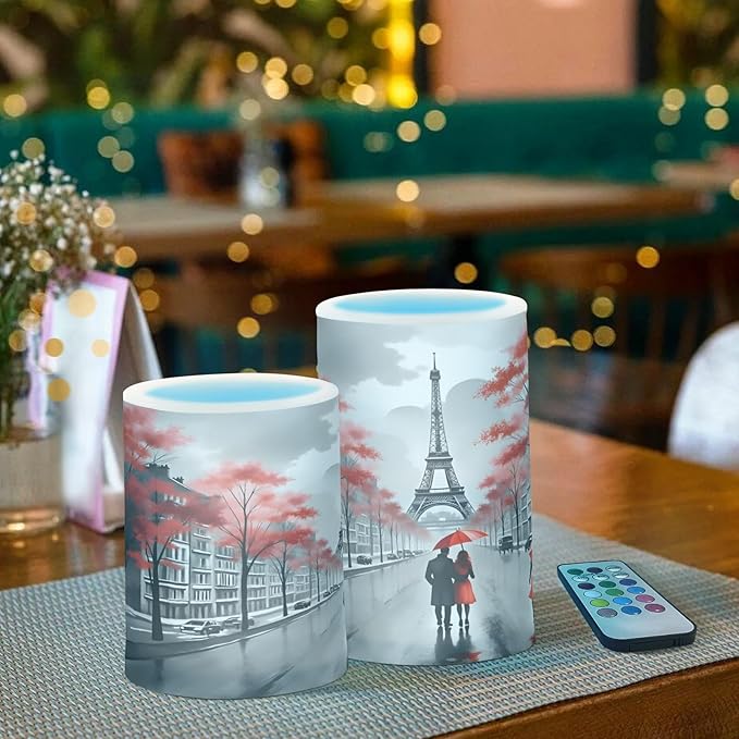 ALAZA France Paris Eiffel Tower Flickering Flameless Candles Valentines Day Battery Operated with Remote Timer,Tea Light Candles LED Pillar Votive Candles Set of 2 for Outdoor Indoor Decorations