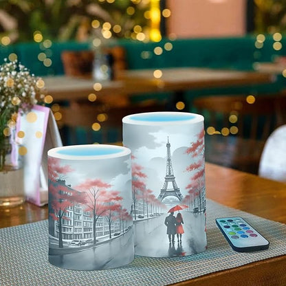 ALAZA France Paris Eiffel Tower Flickering Flameless Candles Valentines Day Battery Operated with Remote Timer,Tea Light Candles LED Pillar Votive Candles Set of 2 for Outdoor Indoor Decorations