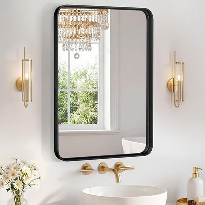 OLIXIS Bathroom Mirror for Over Sink, 30x22 Inch Wall Rounded Rectangle Mirror with Matte Metal Framed, Modern Wall Mount Vanity Mirror for Home Decor, Living Room, Bedroom, Black