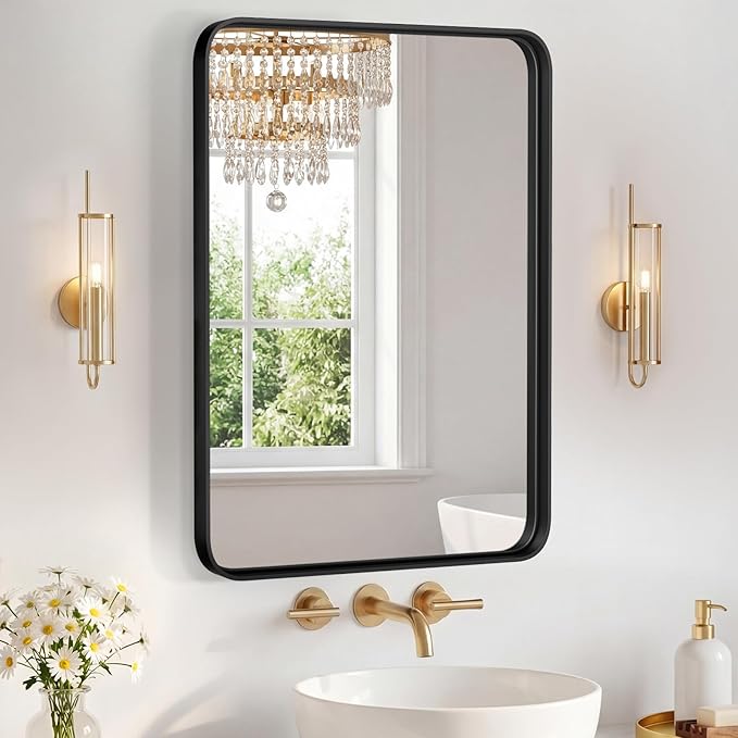 OLIXIS Bathroom Mirror for Over Sink, 30x22 Inch Wall Rounded Rectangle Mirror with Matte Metal Framed, Modern Wall Mount Vanity Mirror for Home Decor, Living Room, Black