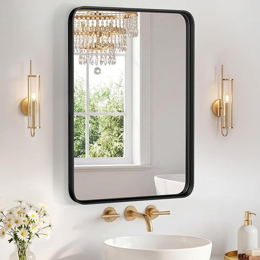 OLIXIS Bathroom Mirror for Over Sink, 30x22 Inch Wall Rounded Rectangle Mirror with Matte Metal Framed, Modern Wall Mount Vanity Mirror for Home Decor, Living Room, Black